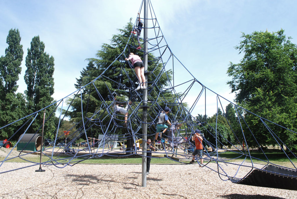 A great road trip stop at this challenging rope climbing frame at the Ashburton Domain Playground, Ashburton, New Zealand // Backyard Travel Family