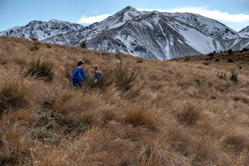 The boys enjoying the best half day walk for kids in Mid Canterbury or beginners overnight hike for families, Woolshed Creek Hut walk, Mt Somers Track, Mid Canterbury, New Zealand