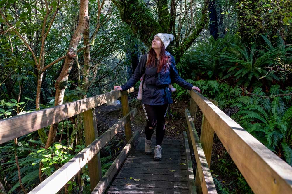 Crossing the bridge on the Scotts Saddle Track in the Awa Awa Rata Reserve near Methven in Canterbury, New Zealand