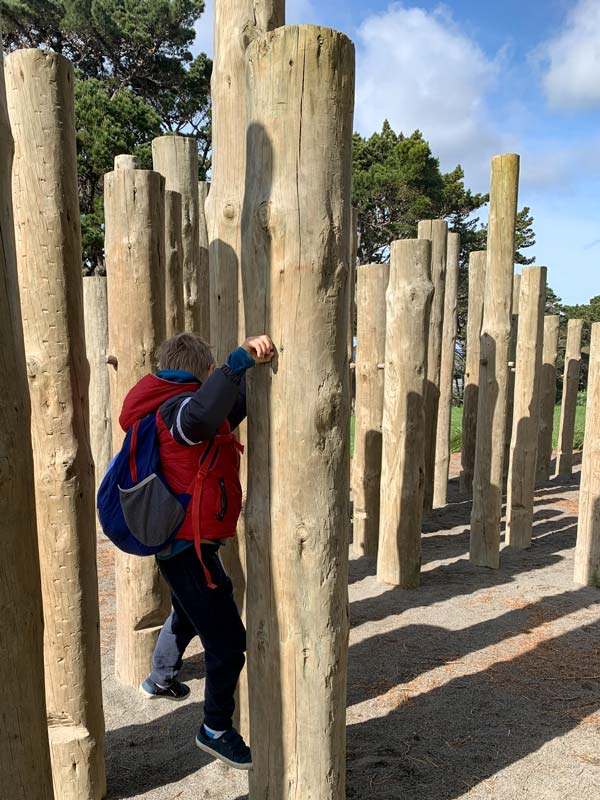 Nathan from Backyard Travel Family makes his way from post to post at the Matairangi Nature Trail on the Mt Victoria Summit Walk