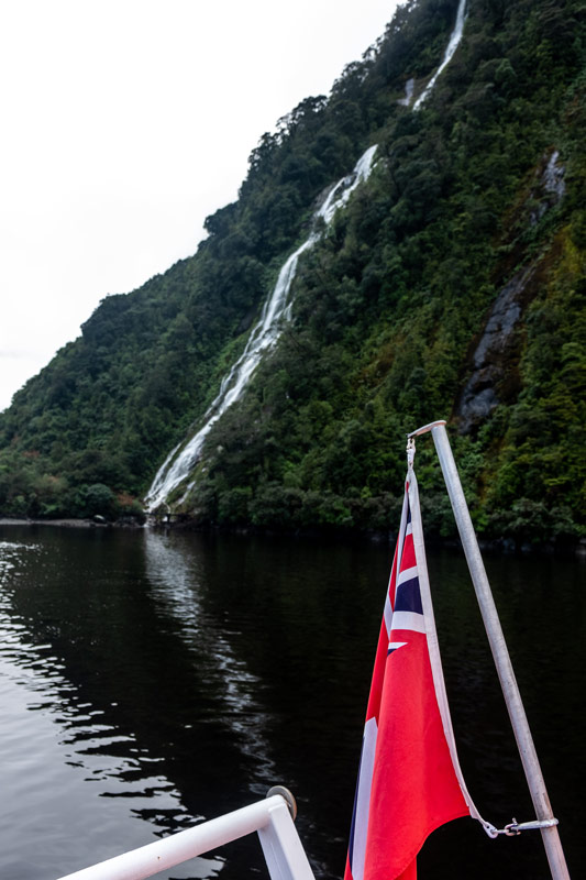 Waterfalls in Milford Sound from the back of the a Milford Sound Cruise