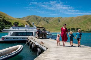 Backyard Travel Family get out the Beachcomber Cruises Picton Mailboat in the Marlborough Sounds, NZ
