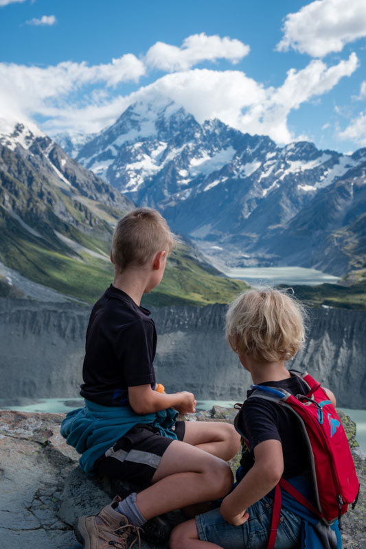 Nathan and Kipton look at Mt Cook from halfway up the Sealy Tarns Track