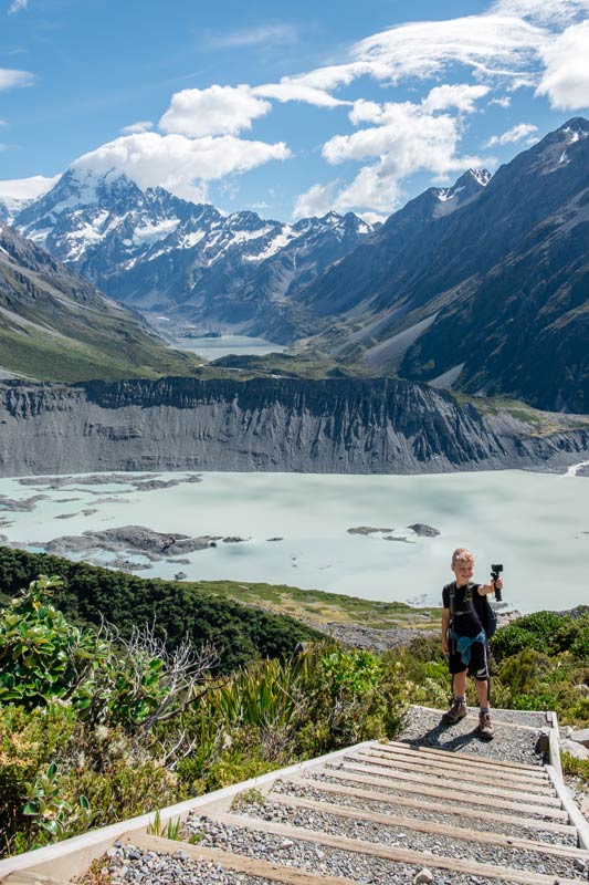 Nathan lines up his GoPro Hero9 Black as he takes a selfie on the Sealy Tarns Track with Mt Cook in behind