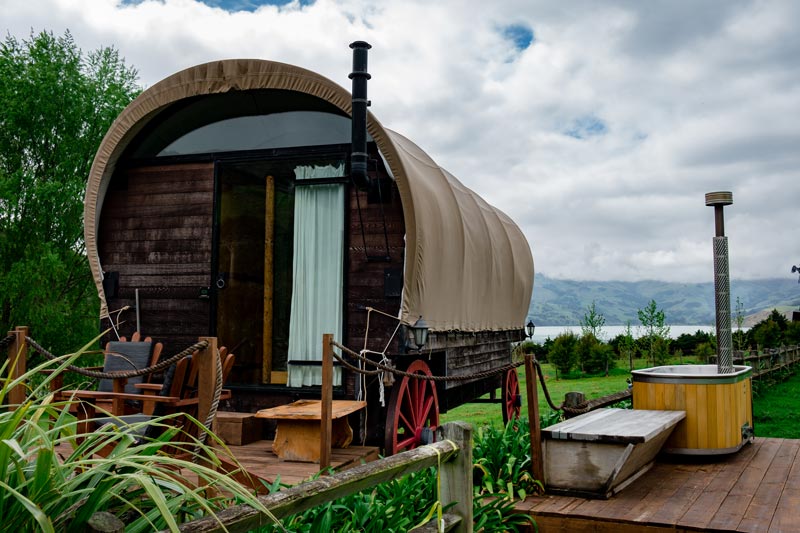 Old fashioned wagon accommodation at French Peak Winery Akaroa