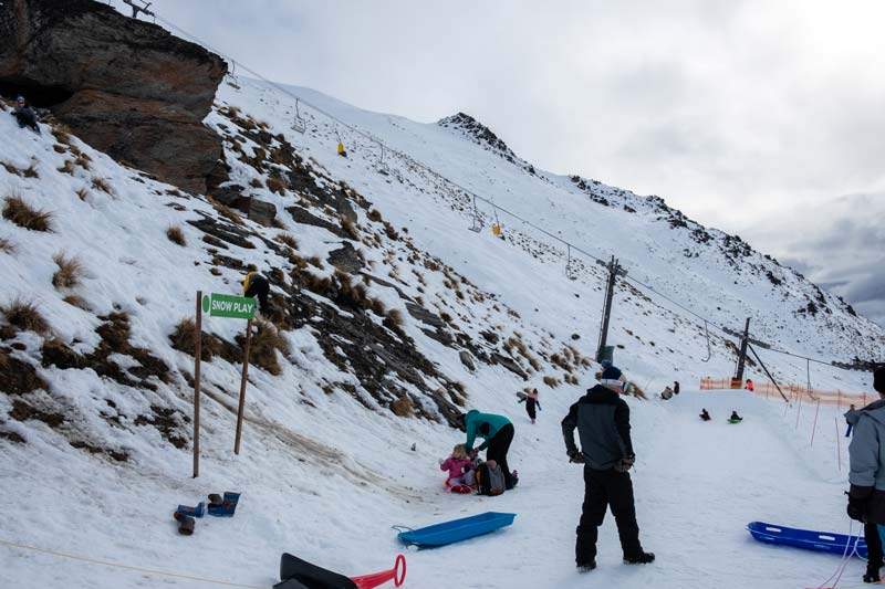 Snow play area at the Remarkables Ski Area in Queenstown is a good place for kids to use sleds and toboggans