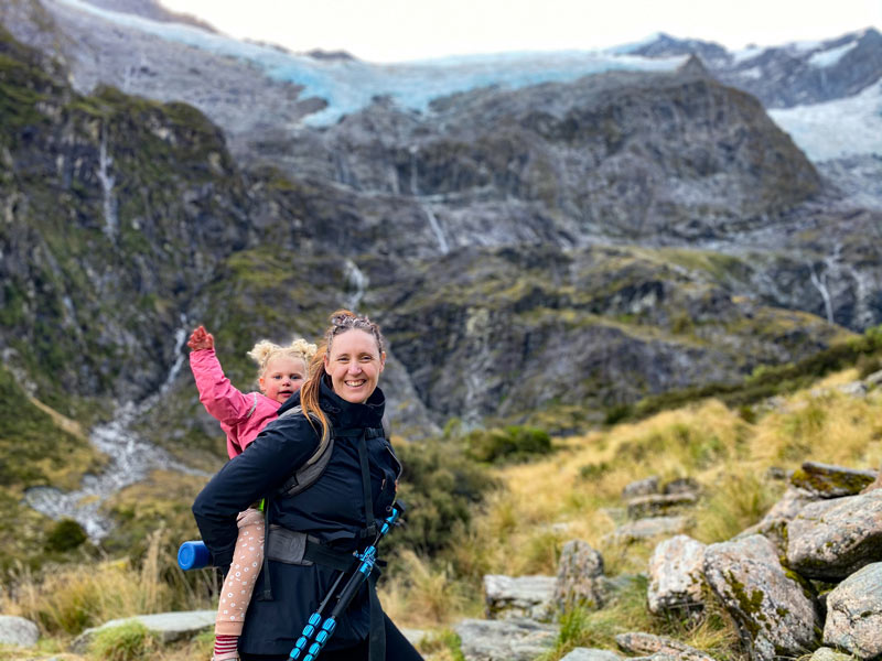 Mother and daughter at the viewpoint of glacier on the Rob Roy Glacier track, a great Wanaka walk taking 3-4 hours