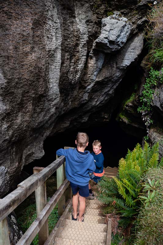 Kipton and Nathan walk down the stairs into Luxmore Caves, Kepler Track