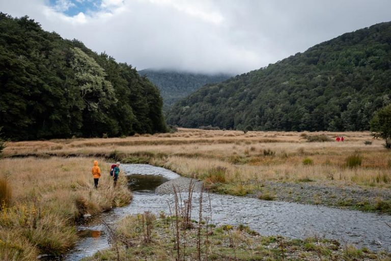 Two children look at the wide stream, finding a way to cross in the open clearing, almost at Kiwi Burn Hut