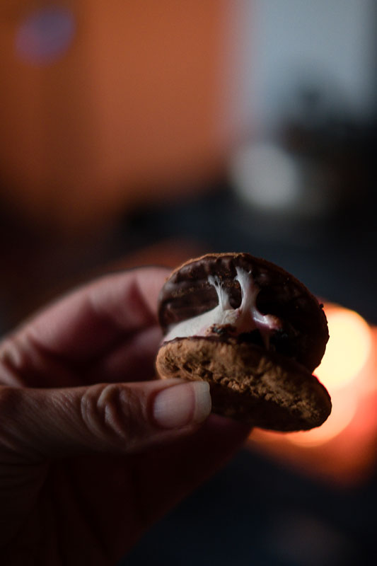 Smore made with chocolate wheatens and melted marshmallow is all gooey and sticky in front of the fire