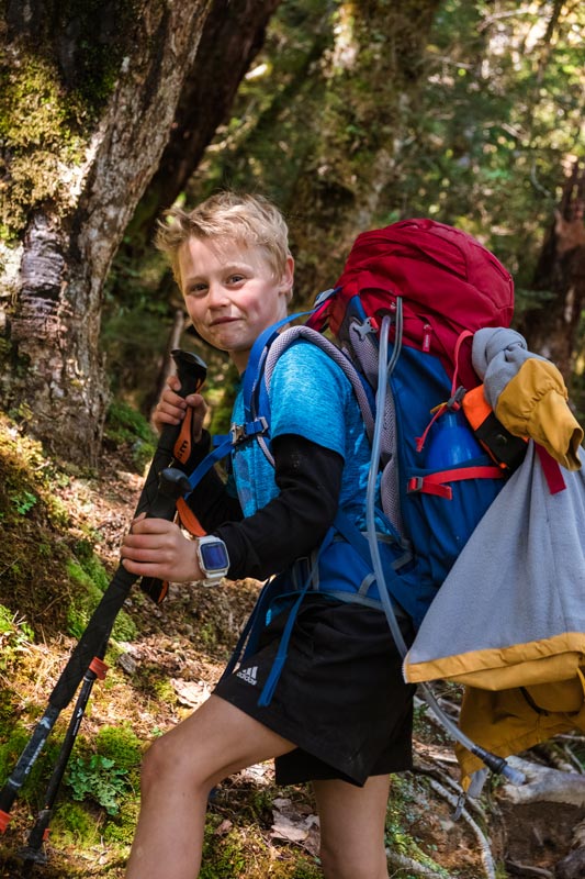 boy with overnight tramping pack and walking poles climbs the steep track to Brewster Hut Makarora