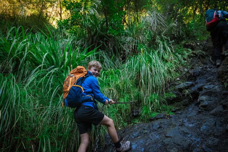 Boy climbing up a hill using a chain for balance on the hike to Pinnacles Hut on the Mount Somers Track