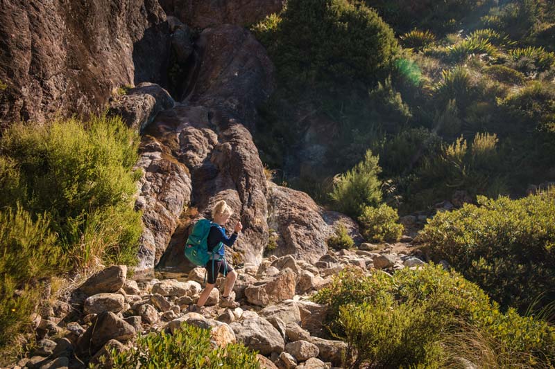 5 year old walking on the rocky terrain between Pinnacles Hut and Woolshed Creek hut on the Mt Somers Track walk