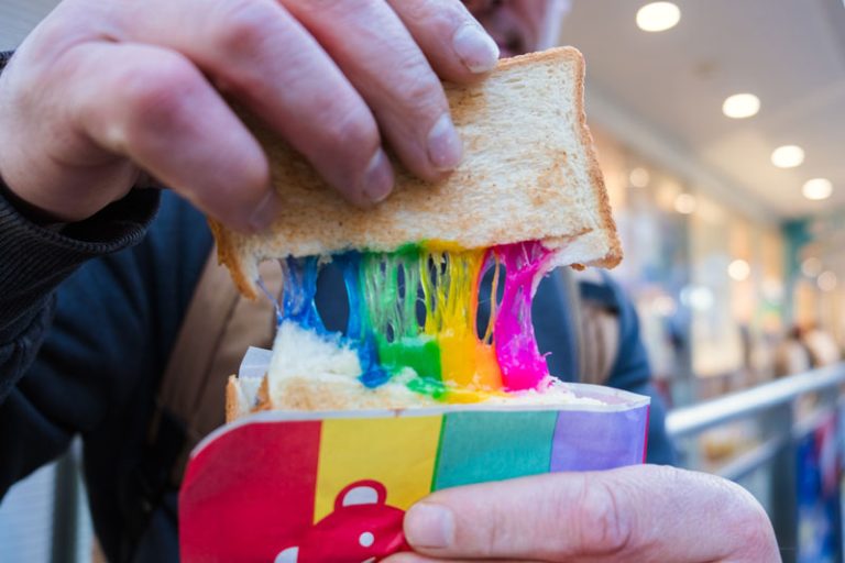 stretchy rainbow cheese toasties are one of the fun things to do in tokyo with kids